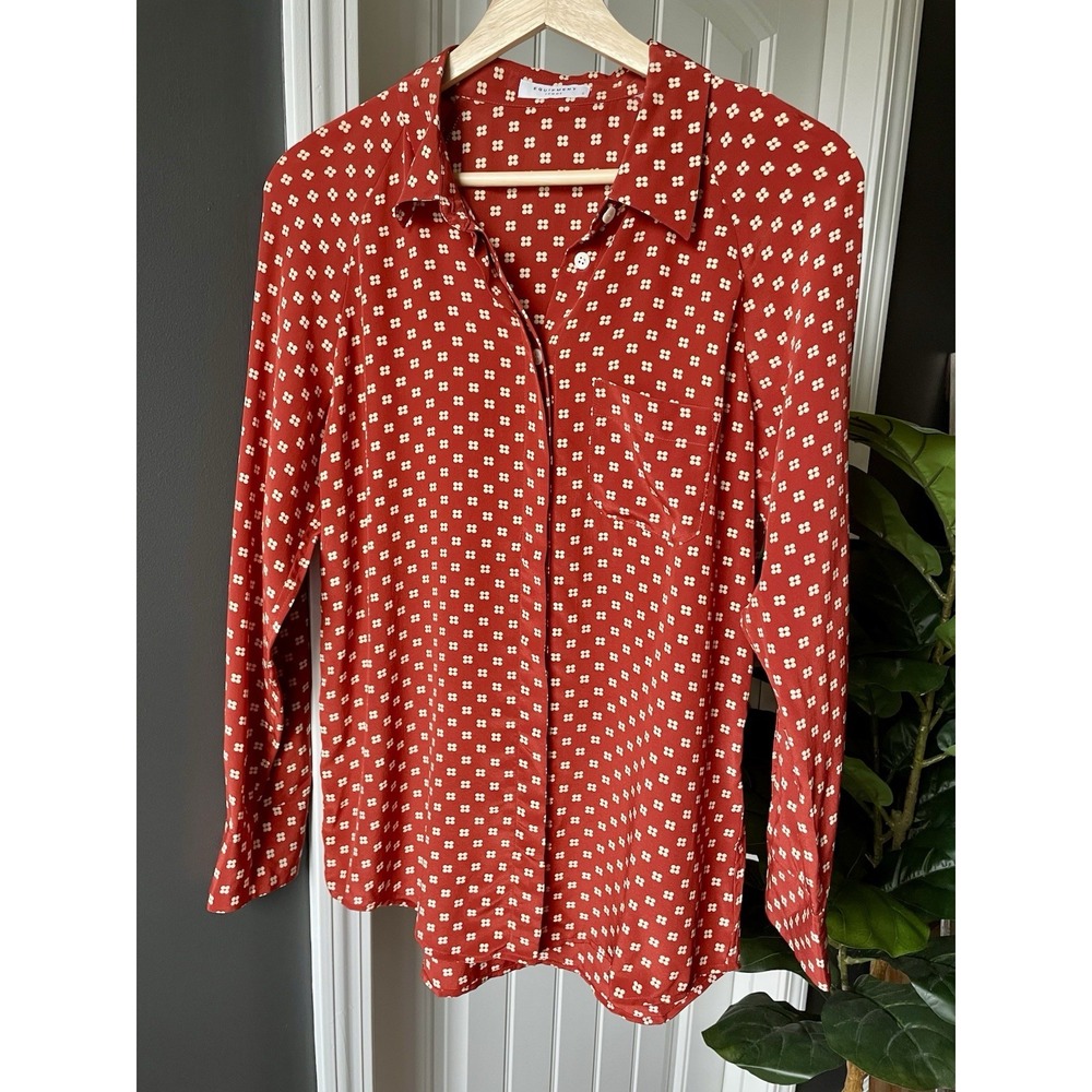 Equipment Femme Red White Geometric Silk Button-Up Blouse Long Sleeve Size S